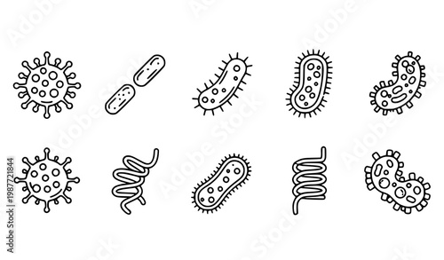 Bacteria virus and microbe icon set minimal microbiology vector illustration
