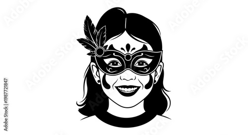 Black and White Vector Illustration of Girl in Masquerade Mask
