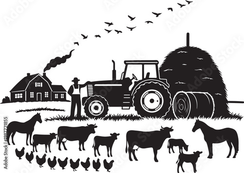 Farm, tractor, animals, rural scene, black silhouette, vector illustration, farmhouse, agriculture, countryside