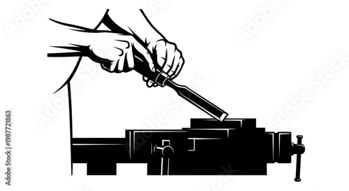Woodworker Hands Using Chisel on Wood in Vice Vector Illustration