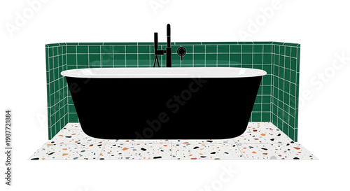 Modern Black Freestanding Bathtub with Green Tiled Wall Illustration