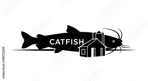 Catfish Fish Farm Logo Vector Illustration with House Icon