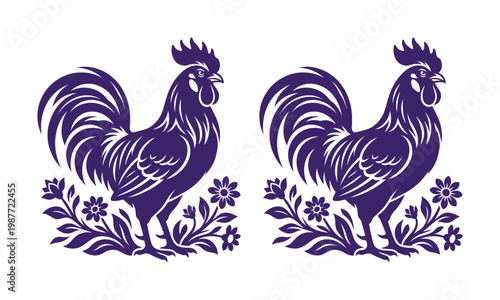 Vintage rooster silhouette vector, purple farm animal illustration, folk art cockerel with flowers