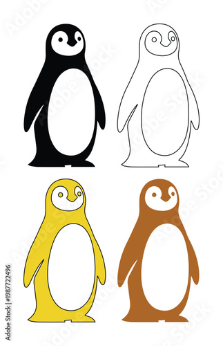 Minimalist penguin vector set, cute animal character icons, flat polar bird illustrations