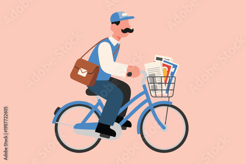 Cartoon mail carrier in blue uniform riding bicycle with bag and basket of letters on pink background.