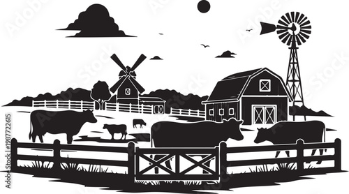Farm landscape, rural scenery, black silhouette, vector illustration, countryside, agricultural scene