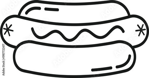 A simple black and white line drawing depicting a classic hotdog inside a soft bread bun icon