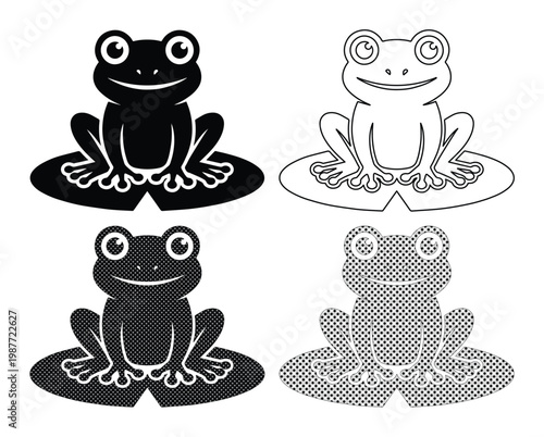 Cartoon frog icons on lily pad, cute toad character set, black and white amphibian vector graphics