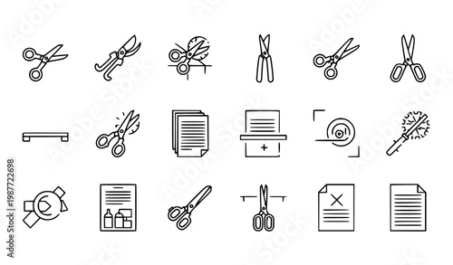 music icons set Cutting tools scissors icons sewing pruning garden trim outline vector line set editable stroke