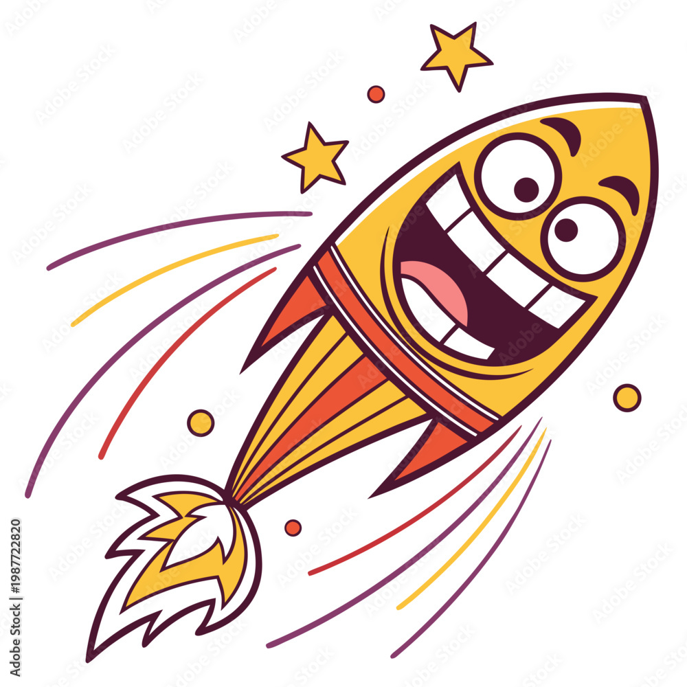Fototapeta premium Happy rocket character with a cheerful expression.