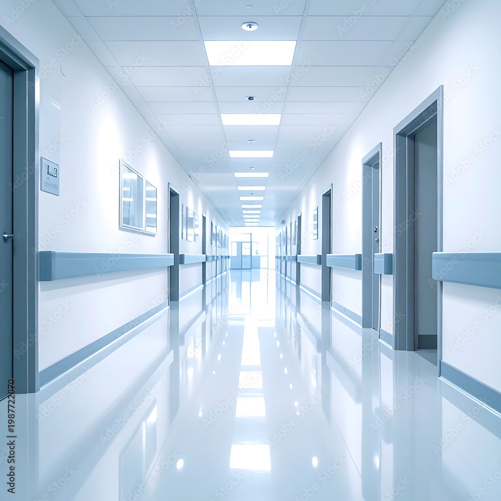 Fototapeta premium Long, bright perspective of a healthcare facility's corridor. Doors line either side. The flooring reflects the overhead lighting