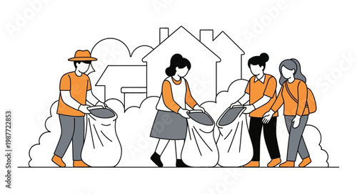 Volunteers Cleaning Neighborhood with Trash Bags Illustration
