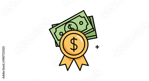 Gold Medal with Dollar Sign and Cash Bills Vector Illustration
