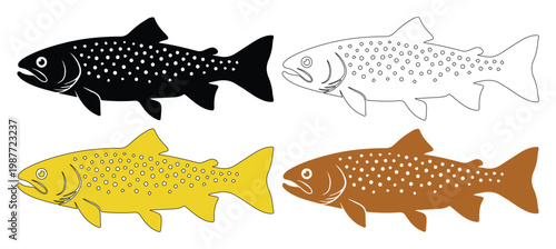 Trout fish vector set, 4 trout icons in silhouette and line art, fishing and seafood graphics