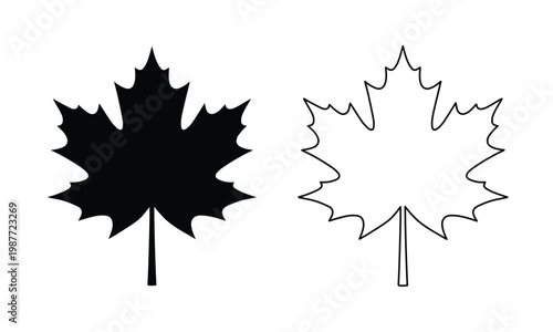 Maple leaf vector icons, black silhouette and outline foliage, Canadian autumn leaf symbols