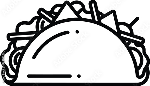 A simple black and white line art illustration of a delicious mexican taco food item icon design