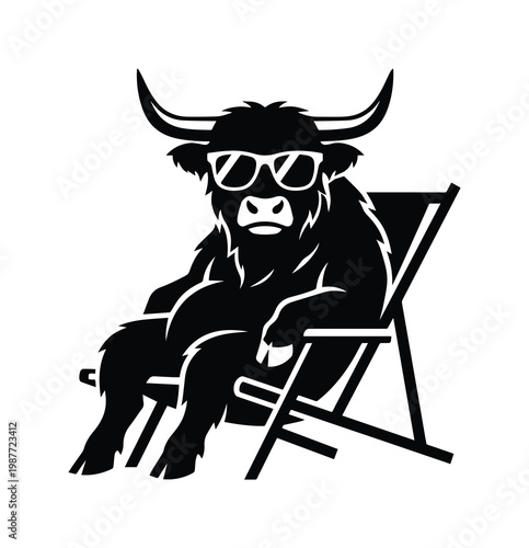 Cool highland cow wearing sunglasses, funny bull on beach chair, black and white animal vector