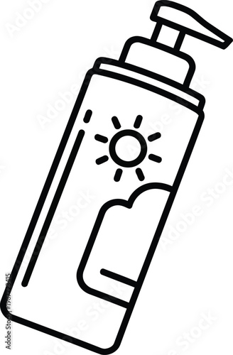 A simple black and white line art illustration representing a bottle of protective sunscreen lotion