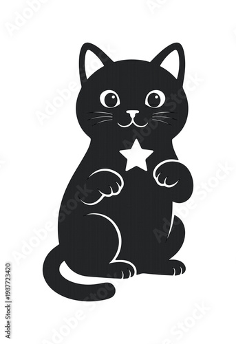 Black cat vector illustration, cute kitten with star symbol, lucky feline mascot icon