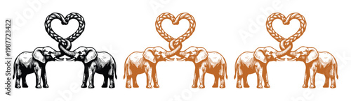 Vintage elephant heart illustration, engraved animal love icons, 3 vector wildlife logos