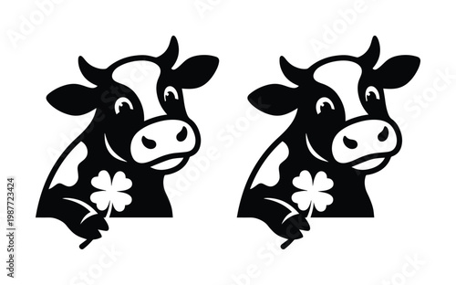 Cute cow mascot holding lucky clover, black and white farm animal vector, smiling heifer icon