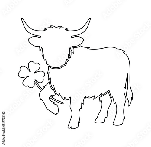 Highland cow line art vector, lucky clover bull silhouette, minimalist farm animal icon