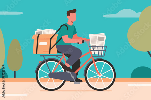 Cartoon newspaper delivery person on bicycle with baskets of papers riding outdoors with trees and sky.