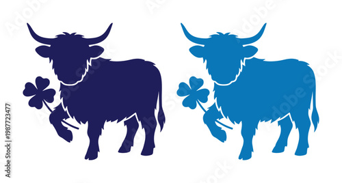 Highland cow silhouette vector, Scottish bull with clover leaf, blue cattle animal icons