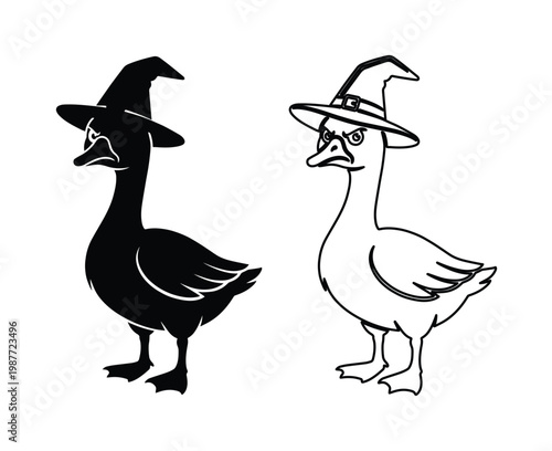 Halloween witch goose vector, angry bird in wizard hat, spooky waterfowl character silhouette