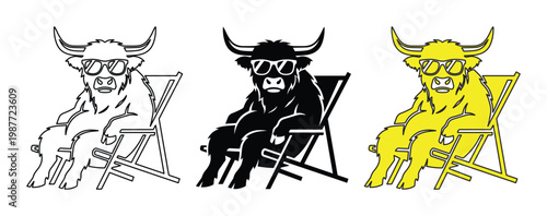 Highland cow wearing sunglasses on beach chair, funny bull summer vacation vector, 3 icons set