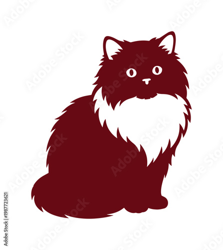 Fluffy Persian cat vector illustration, sitting longhair kitten icon, maroon pet silhouette