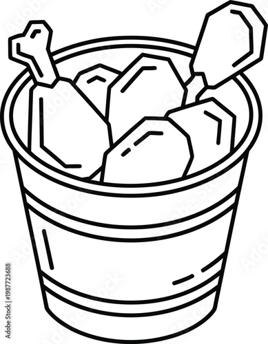 A simple black and white line drawing of a bucket filled with several crispy fried chicken legs