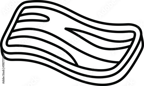 A simple black and white line drawing of a single strip of crispy bacon for food illustration