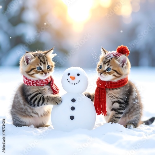 Two adorable kittens, wearing festive red scarves and hats, build a tiny snowman amidst a snowy, sunlit winter scene. The image evokes warmth and holiday joy