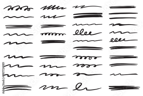 Line color brush underline set. Line underline brush hand drawn pen marker strokeswoosh, squiggle shape..Doodle scribble wavy wave highlight handwriting ink shape background. Vector illustration