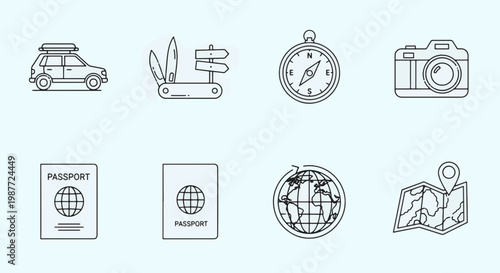 Collection of Travel and Adventure Icons Including a Car Swiss Army Knife Compass Camera Passport Globe and Map