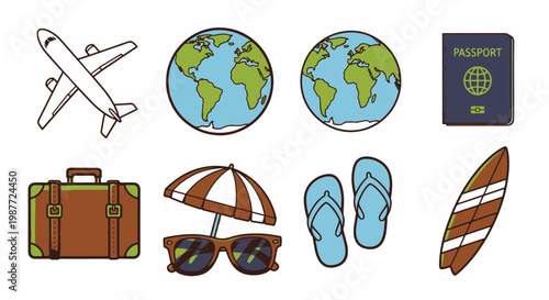 Collection of Travel and Vacation Icons Airplane Globes Passport Suitcase Umbrella Sunglasses Flip flops and Surfboard