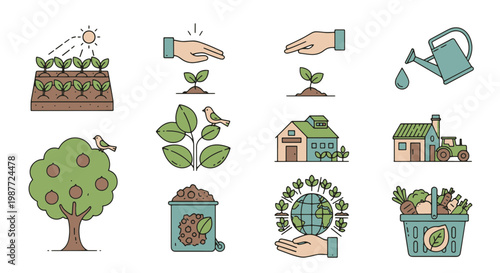 Farming and Nature Concept Icons Representing Growth Harvest and Sustainability