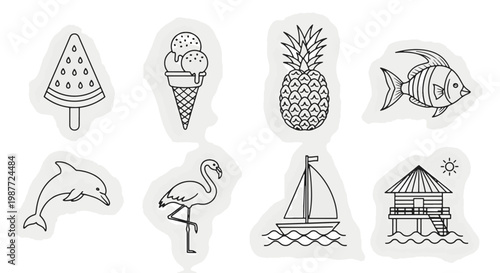 Hand drawn Tropical Summer Vacation Icons Featuring a Pineapple Ice Cream Sailboat Flamingo Dolphin and Beach Hut