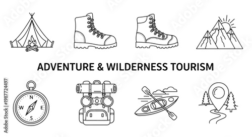 Outline Icons Set for Adventure and Wilderness Tourism Tent Boots Mountains Compass Backpack Kayak and Map Pin