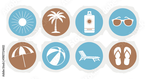 Collection of Eight Round Icons Representing Summer Vacation and Beach Activities in Brown and Blue Colors