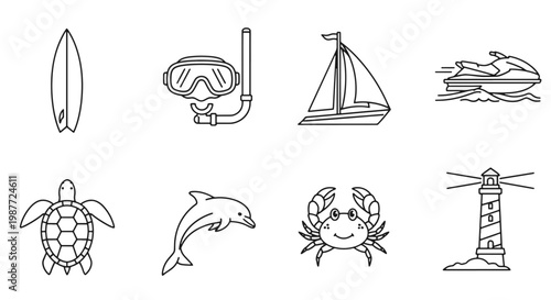 Collection of Outline Icons Featuring Beach and Ocean Activities Marine Life and Nautical Elements