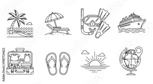 Collection of Line Art Icons for Summer Vacation and Travel on Transparent Background