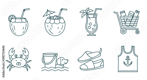Collection of Outline Summer Vacation Icons Including Tropical Drinks Crab Dog Swimming Slippers and Beach Shirt