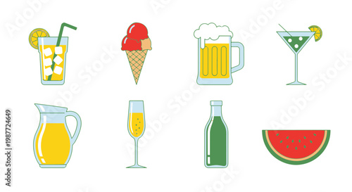 Collection of Refreshing Beverages Ice Cream and Watermelon Slice with a Clean Modern Design and Bright Colors