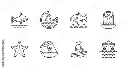 Collection of Simple Line Icons Representing Aquatic Life and Water Activities