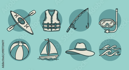 Collection of Summer Recreation and Water Activity Icons on a Teal Background