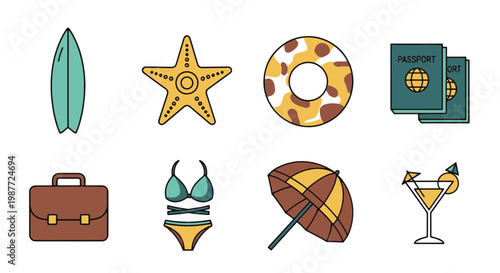 Collection of Summer Vacation and Travel Essentials Including a Surfboard Starfish Inner Tube Passports Suitcase Bikini Beach Umbrella and Cocktail