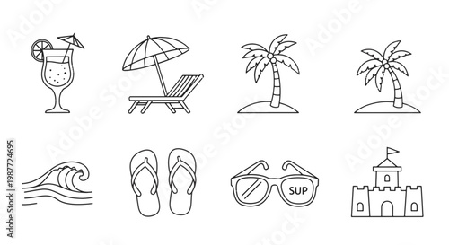 Collection of Summer Vacation Icons Cocktail Beach Chair Palm Trees Flip flops Sunglasses and Sandcastle