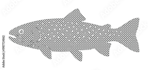 Vintage trout fish illustration, halftone dot pattern salmon vector, retro fishing logo icon